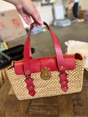Michael Kors Woven Straw Tote with Red Leather Trim